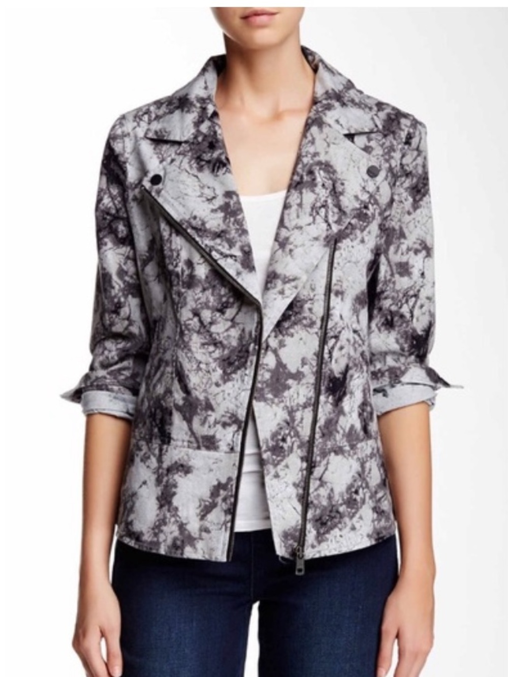 DKNY Marble-Print Moto Jacket in Gray and Black L